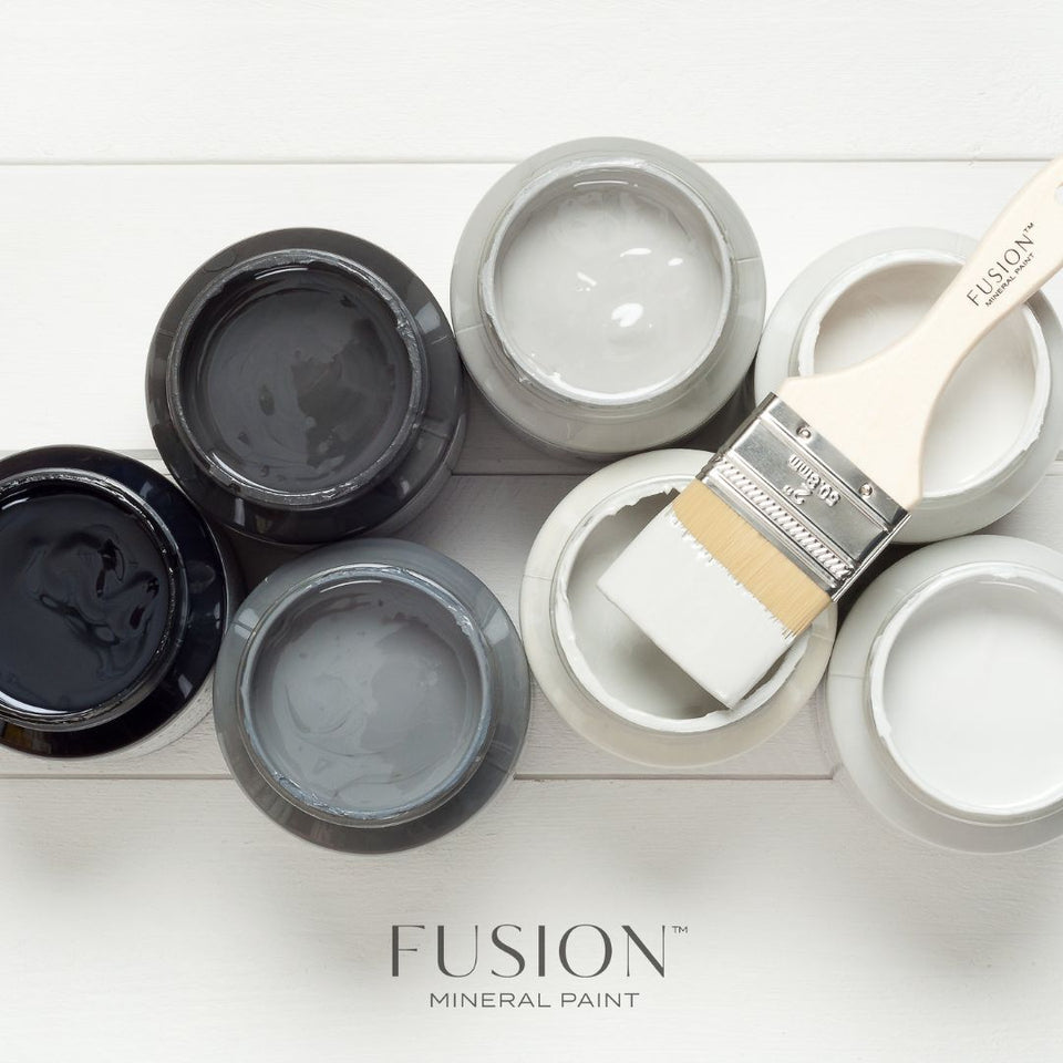 Tubs of Fusion Mineral Paint without lids in Pebble, Little Lamb, Ash, Lamp White, Sterling and Soapstone